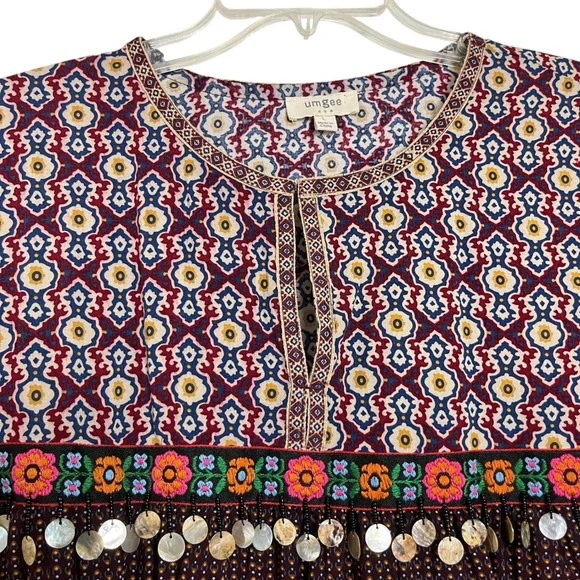 Umgee Boho‎ Tunic Top Boho Medallion Print Embellished Coins 3/4 Seve Sz L - Picture 5 of 8